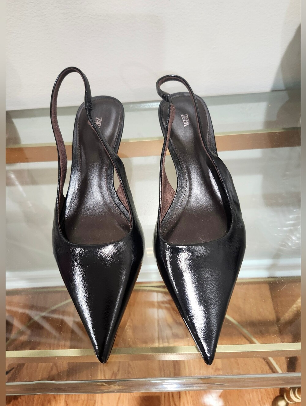 Zara Leather Slingback Pointed-Toe Women's Kitten Heel Pumps - Black
